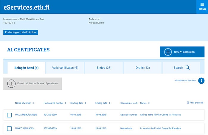 Apply for your A1 certificate online - Finnish Centre for Pensions